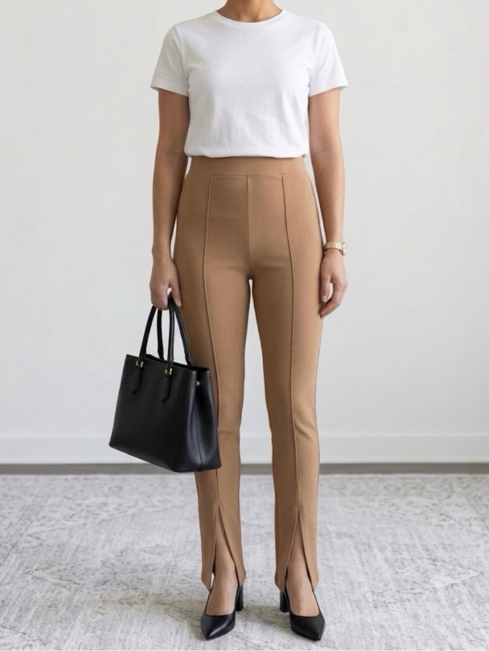 Zara Camel High-Waist Ponte Leggings with Front Slit
